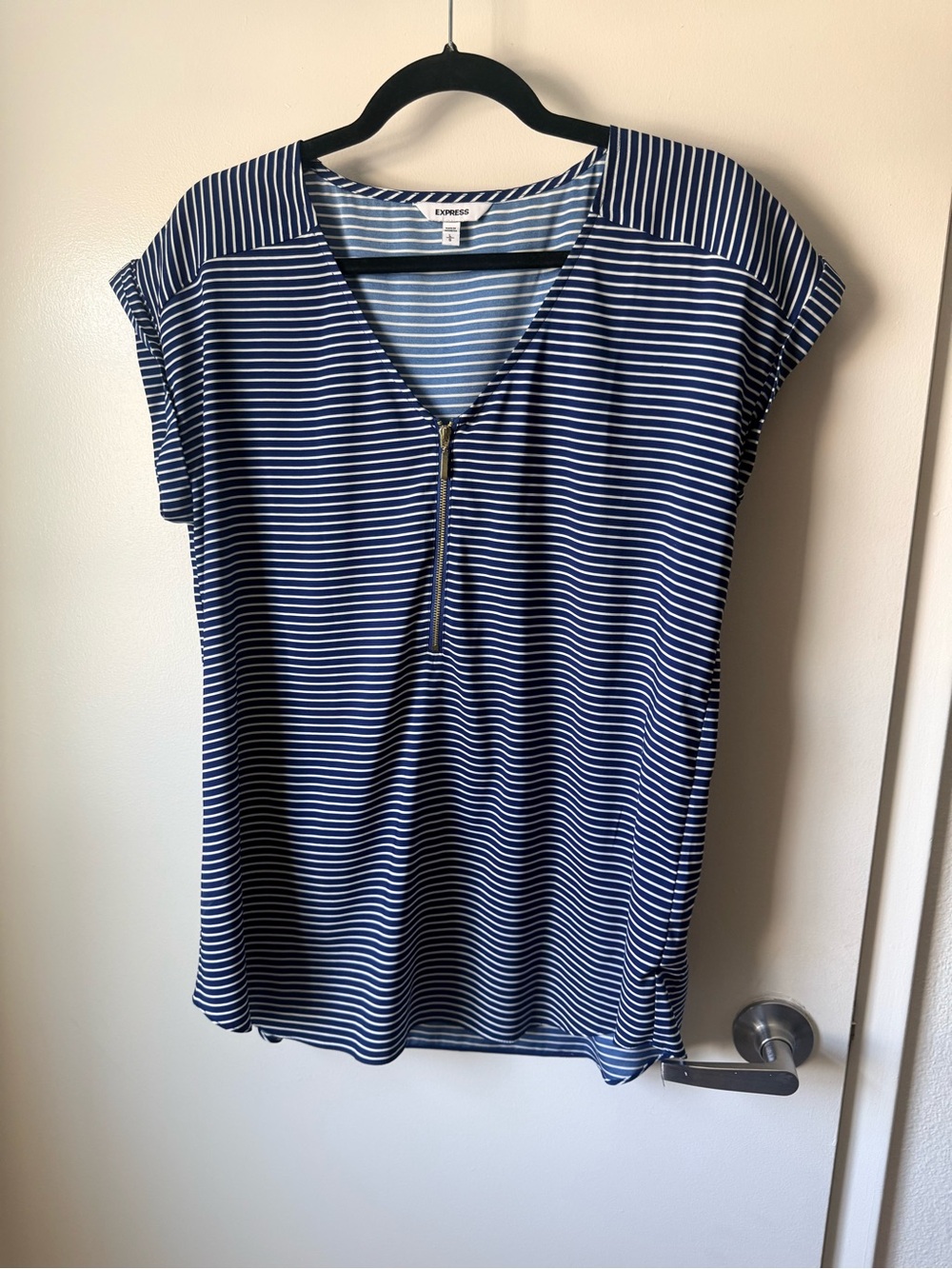 Express Navy and White Striped Zip V-Neck Blouse